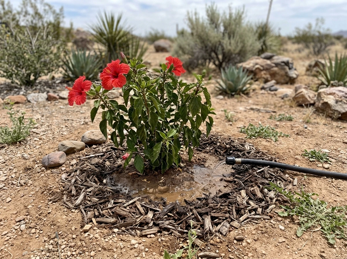 Dry desert climate hibiscus with deep watering and mulch to retain moisture