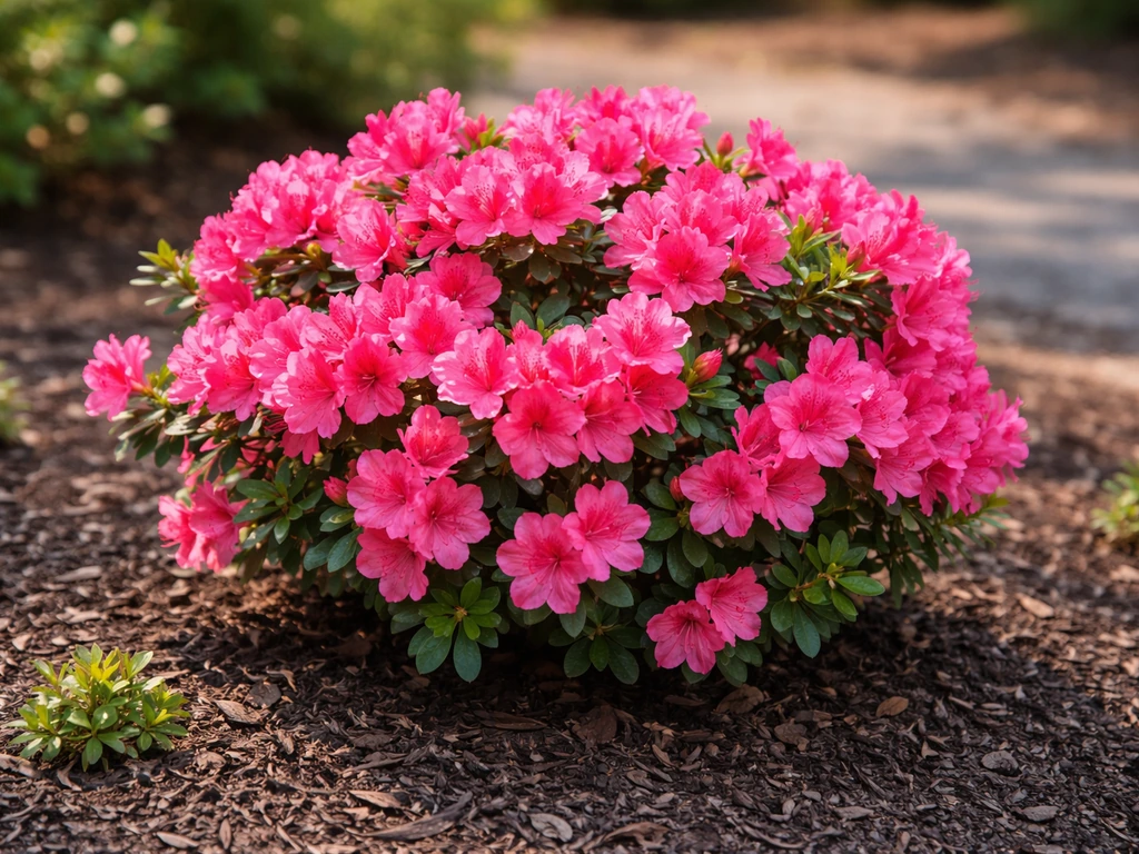 Vivid blooming azalea in an outdoor landscape bed with mulch and a few sunlit leaves nearby.
