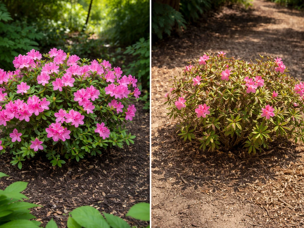 Close-up of blooming azalea branches against two contrasting outdoor backdrops suggesting different climates