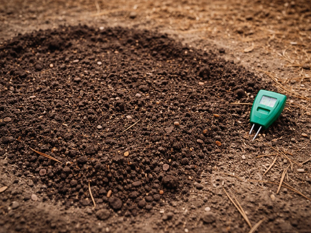 Close-up of loose acidic azalea planting soil in a small bed with an earthy pH test kit nearby