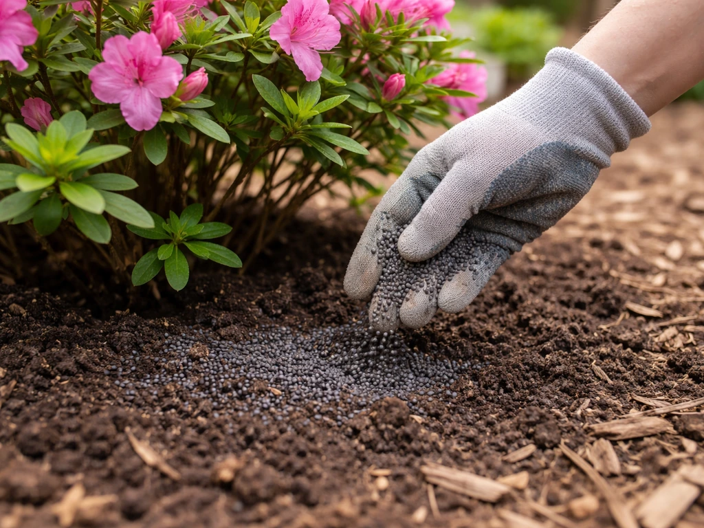 Gloved hand sprinkling granular acid-formula fertilizer around an azalea bush in a garden bed.