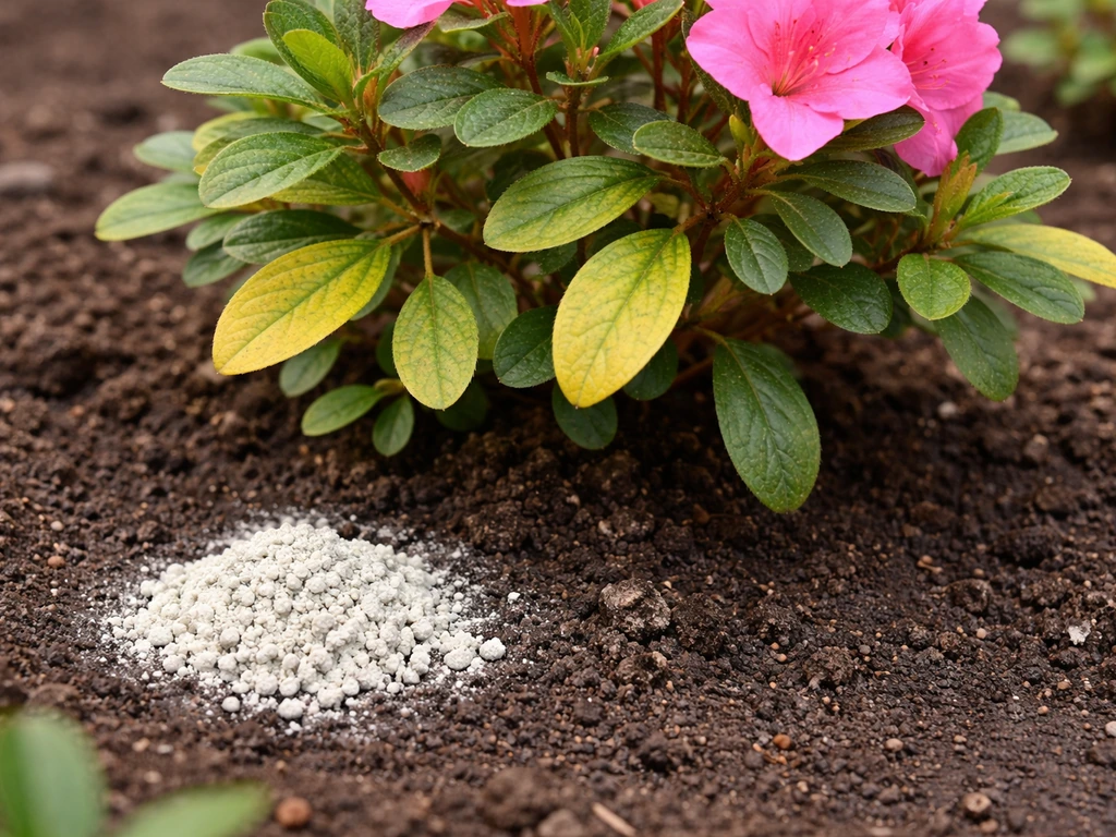 Yellowing azalea leaves with moist soil and pale wettable sulfur granules near the plant base.