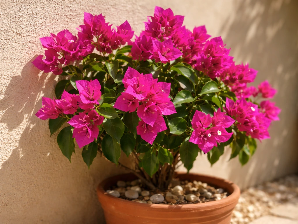 Vivid bougainvillea bracts and leaves in a sunlit terracotta container against a pale stucco wall.
