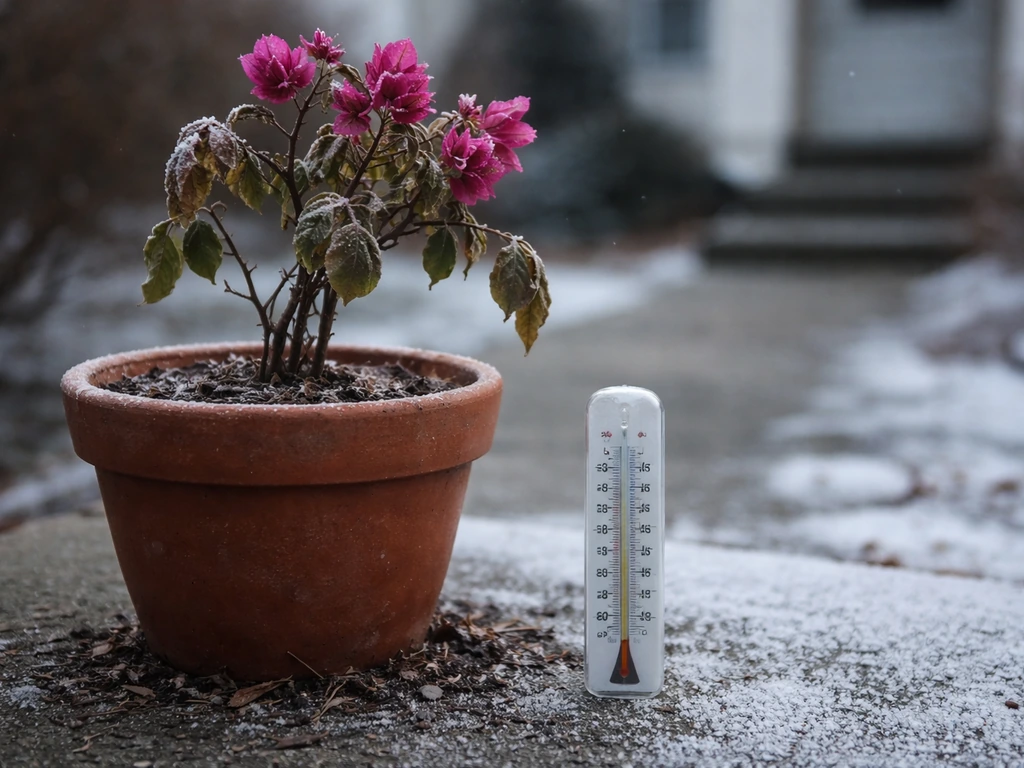 Potted bougainvillea with frost on it, next to a thermometer in a cold winter outdoor setting.