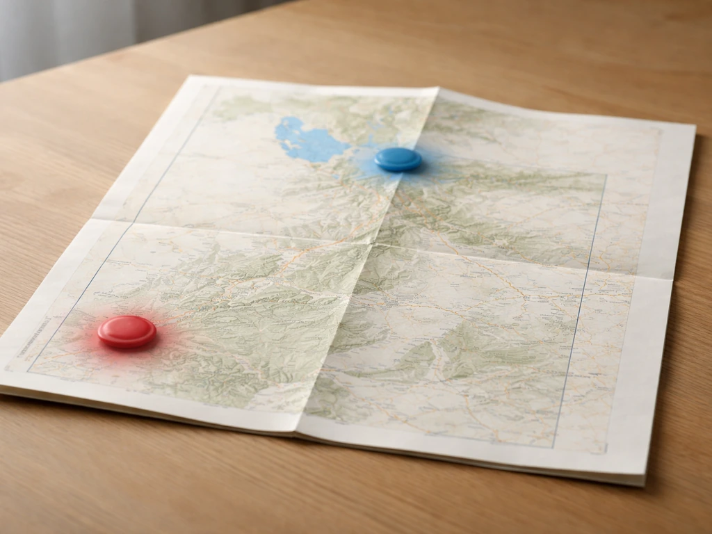 Utah road map on a wooden table with two highlighted regions using colored seals.
