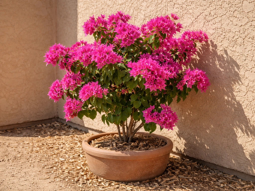 Bougainvillea thriving in a south-facing yard bed with dry soil and mulch near a sunny wall.