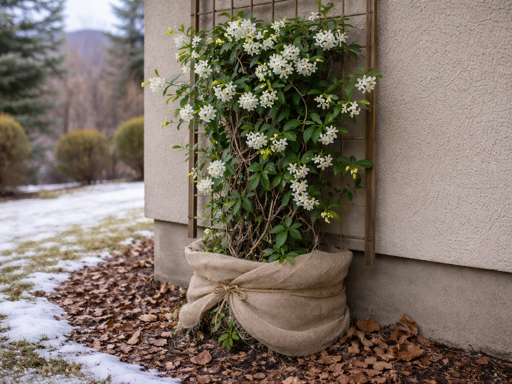 Star jasmine with white blooms on a trellis next to burlap winter wrap in a Colorado garden.