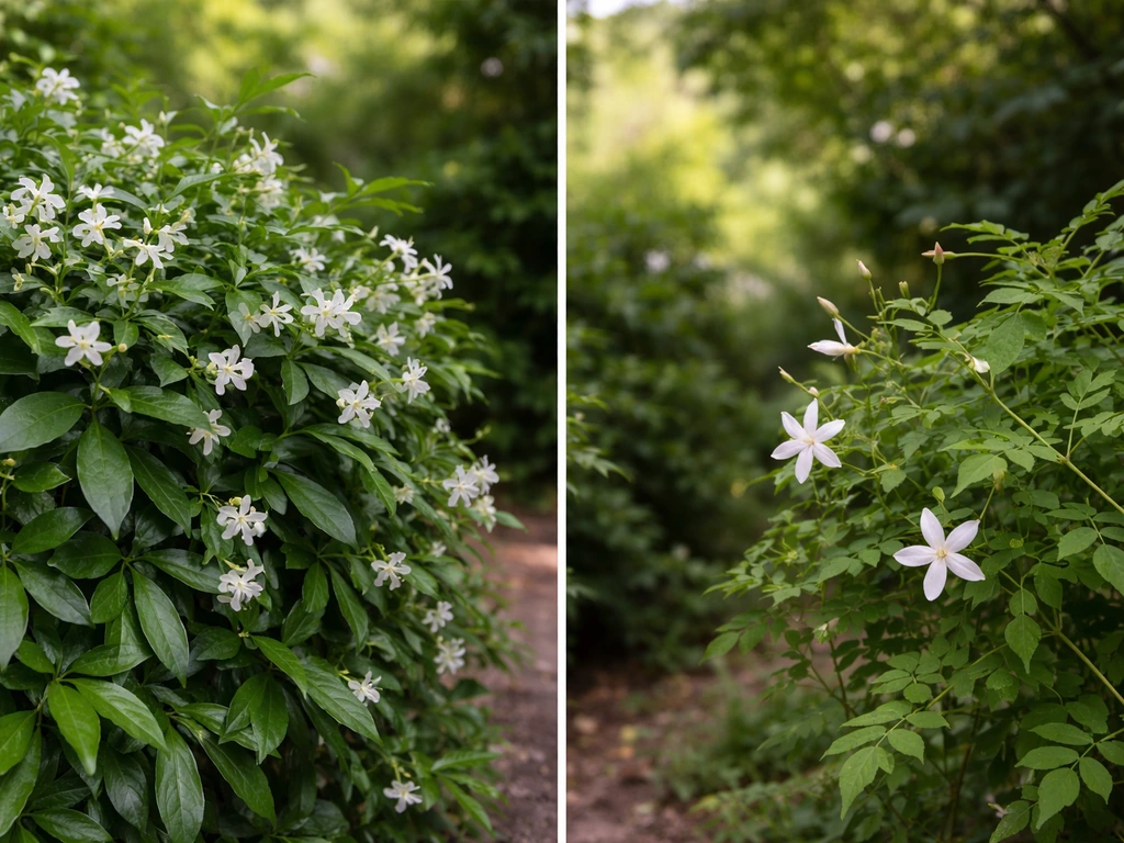 Side-by-side photo of star jasmine pinwheel blossoms and true jasmine tubular flowers on vines.