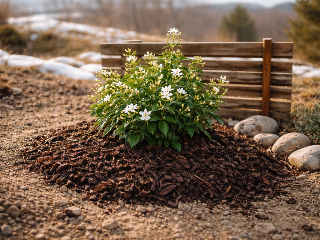 Jasmine planted on a raised, well-drained south-facing bed with mulch and low wind protection.