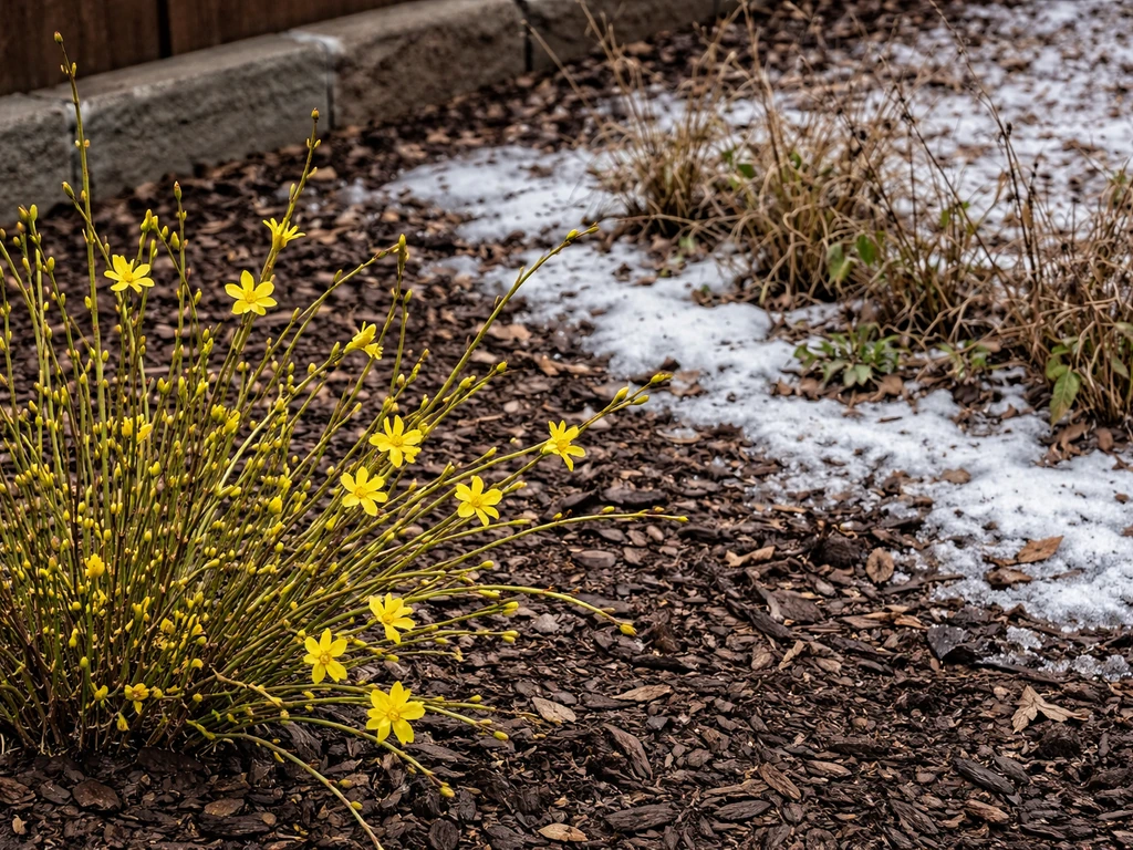 Winter jasmine blooming in late winter beside an attempted star jasmine that shows poor growth in Colorado.