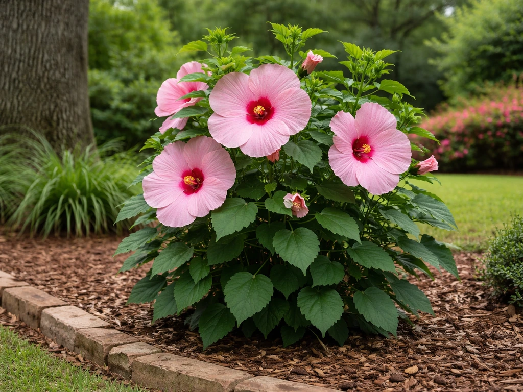 Hardy rose-pink hibiscus blooming in a Georgia backyard garden with live oak and mulch border.