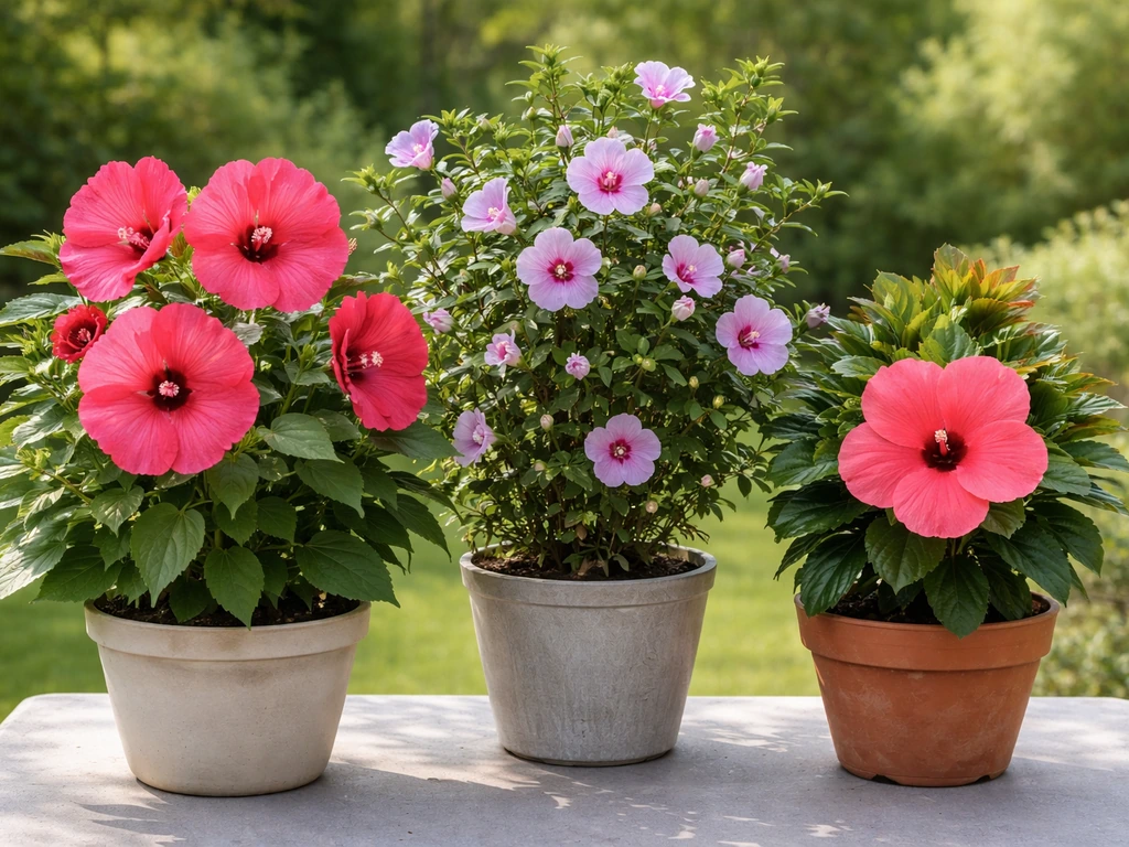 Three hibiscus plants in separate pots outdoors, hinting hardy and tropical varieties in Georgia