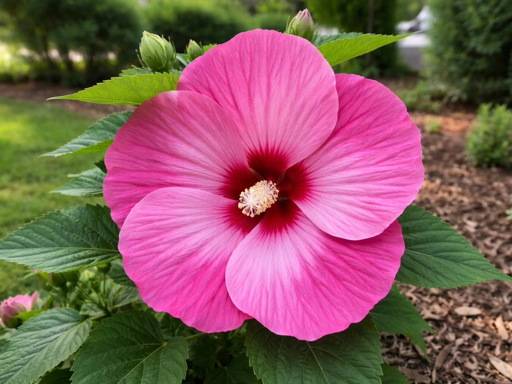 Close-up of a hardy perennial hibiscus with large pink dinner-plate blooms in a mulched garden bed.