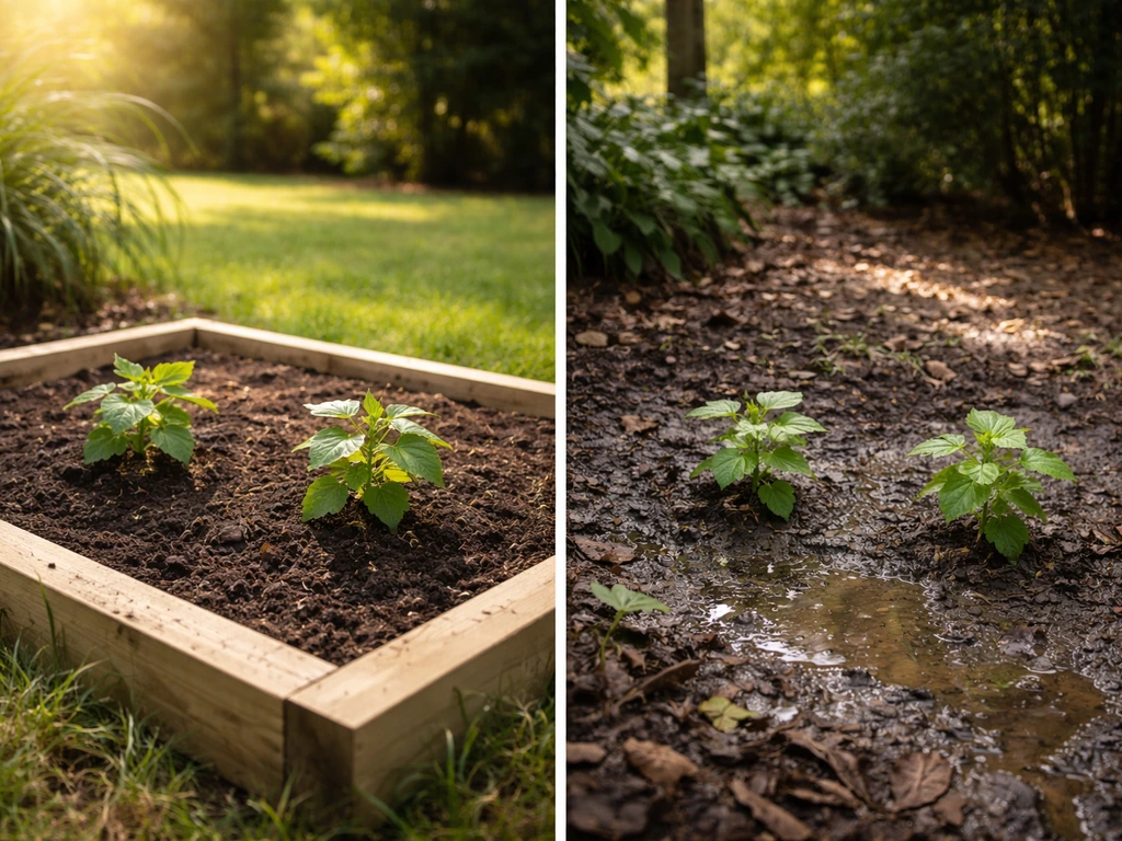 Two side-by-side garden spots for hibiscus: sunny well-drained soil vs. shaded wet soil.