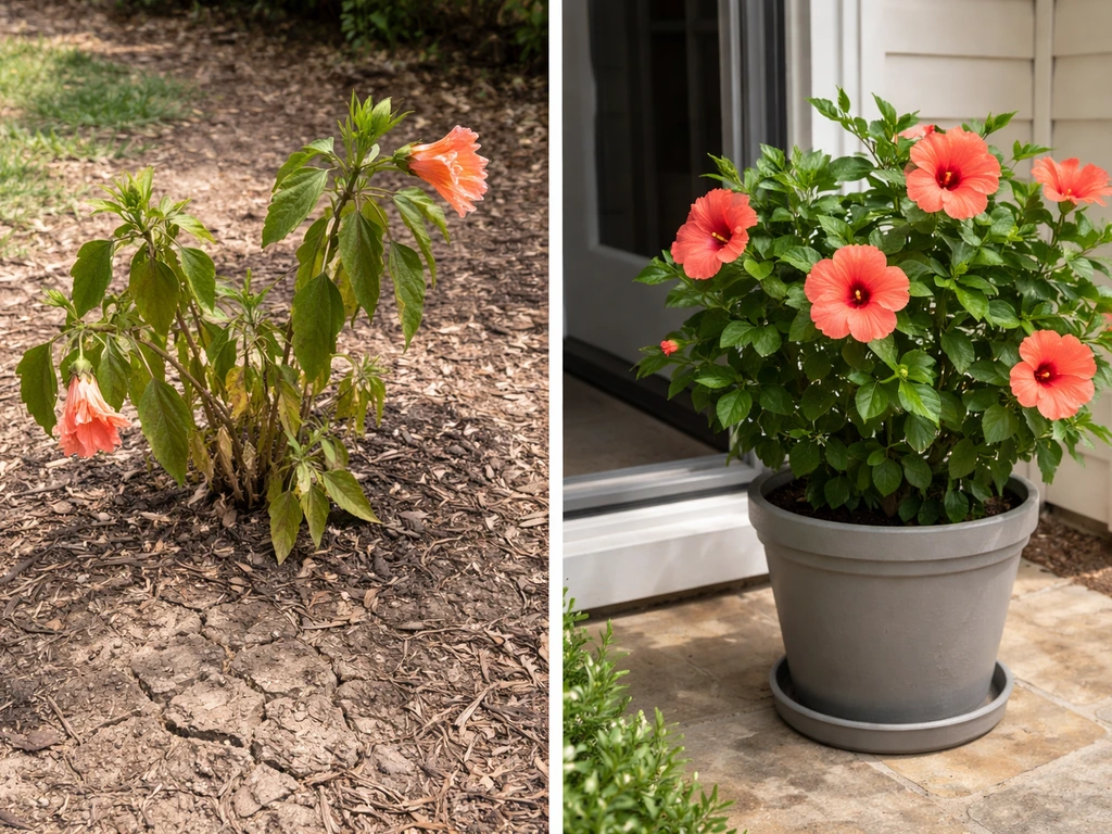 Stressed tropical hibiscus outdoors beside a healthy potted hibiscus ready for winter indoors.