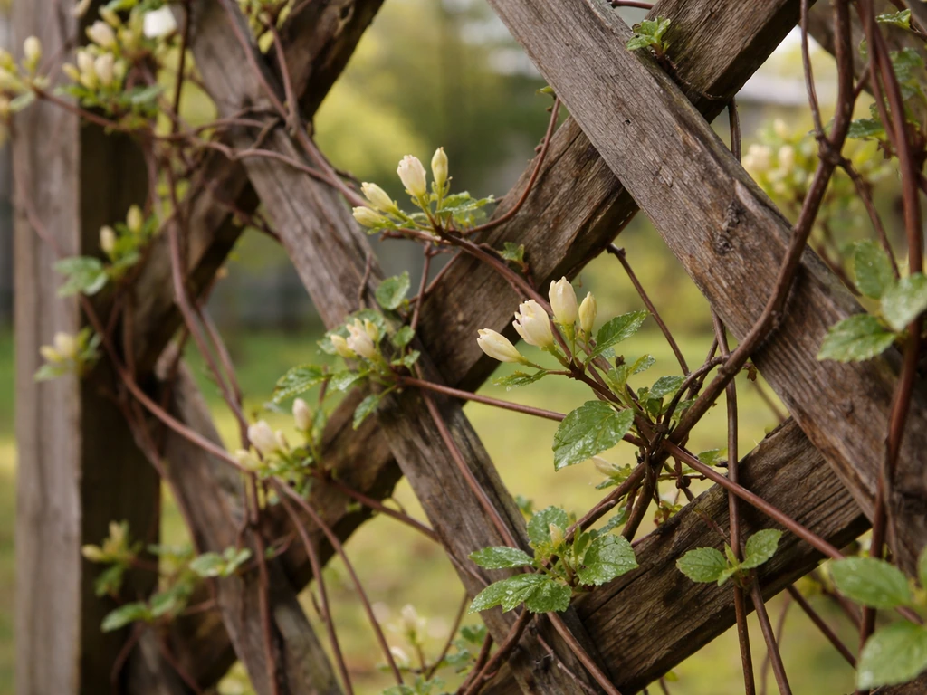 Vining honeysuckle shoots with fresh spring green climbing a trellis fence