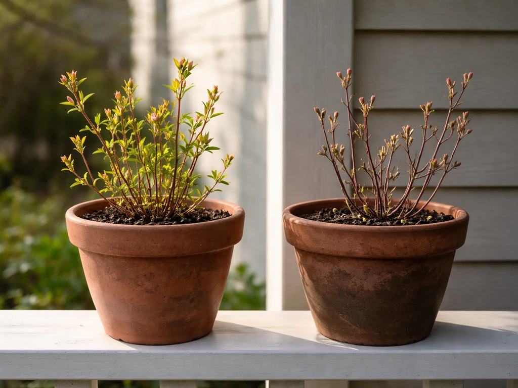 Two side-by-side honeysuckle pots: one sunny and leafy early, the other shaded with delayed leaf-out.