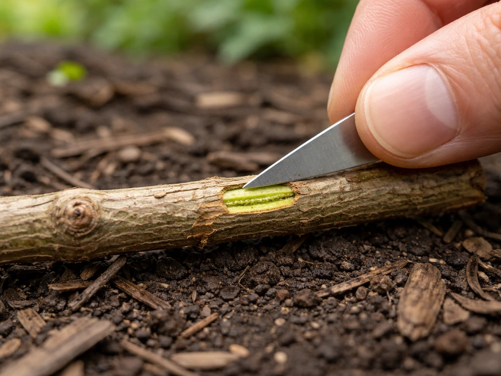 Close-up of a hand gently nicking a honeysuckle cane beneath the bark to check for green growth.