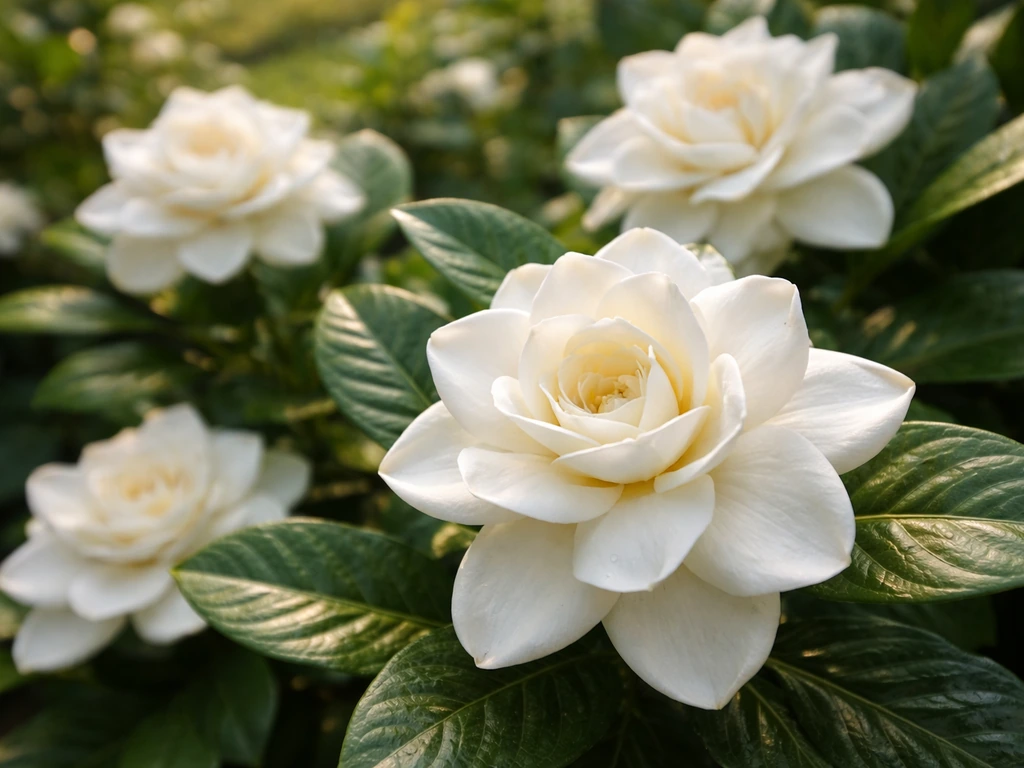 Close-up of white gardenia blossoms with glossy green leaves in soft natural light.