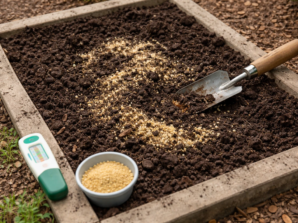 Hand-mixed acidic soil amendments in a prepared garden bed with pH testing tools nearby.