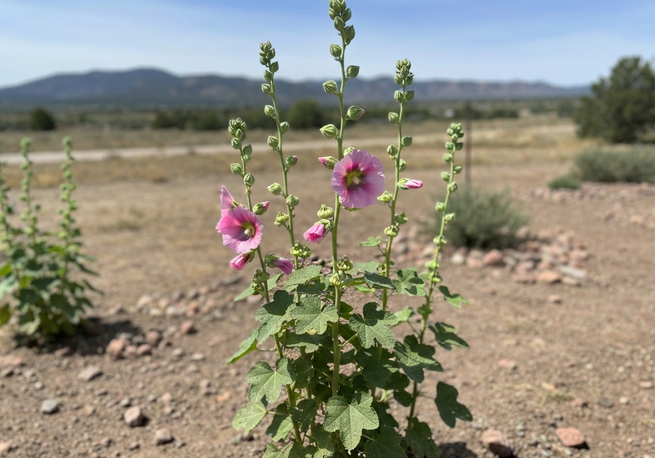 Tall hollyhocks blooming in a sunny Colorado garden with dry soil and a distant mountain backdrop.