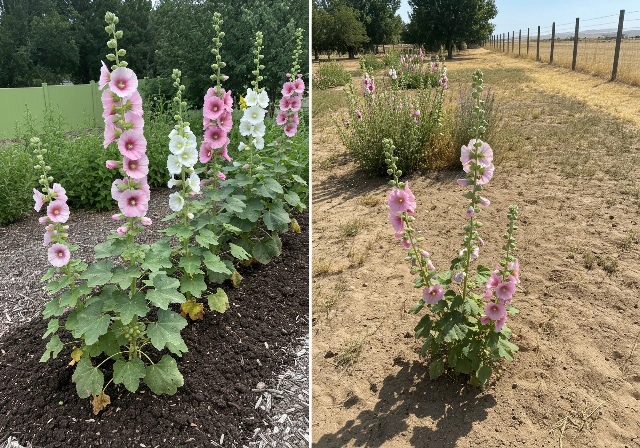 Front Range hollyhocks thrive beside a drier Western Slope garden with sparse, dusty soil.