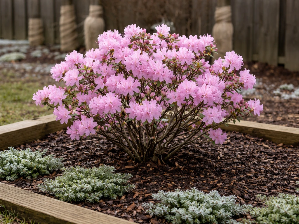 Cold-hardy azalea in bloom in a sheltered Wisconsin garden bed with mulch and hints of winter protection.