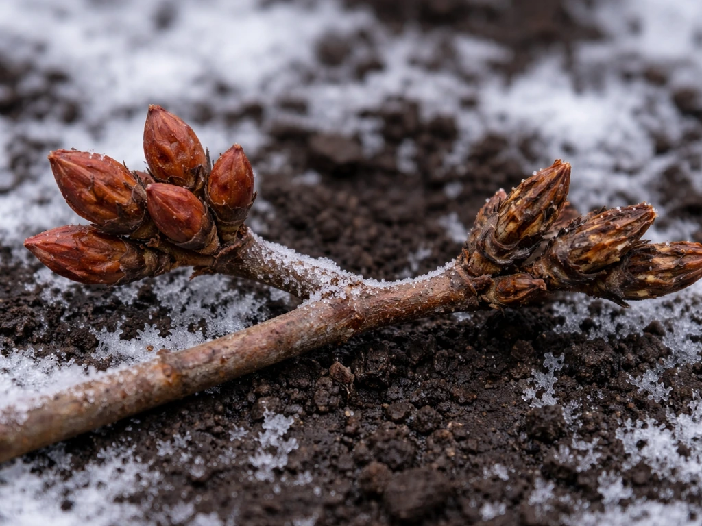 Close-up of winter-dormant azalea twig tips showing healthy buds and frost-damaged bud dieback