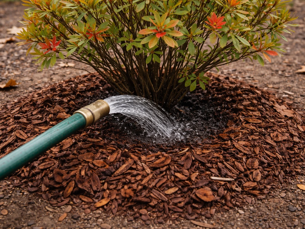 Azalea base being deep-watered with a hose, with mulch applied for winter insulation.