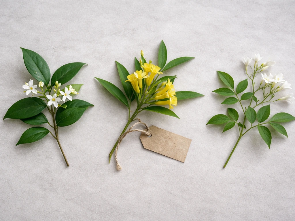 Minimal tabletop scene with three jasmine sprigs and leaves, star jasmine and Carolina jessamine in soft natural light.