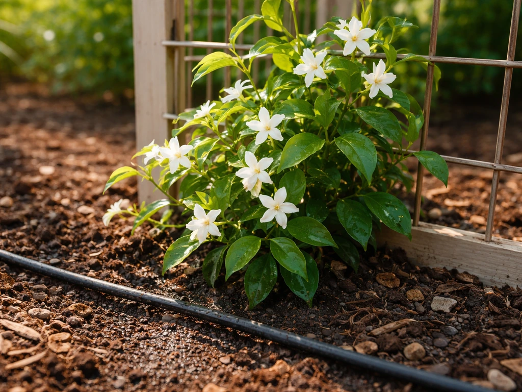 Sunlit jasmine climbing on a trellis with well-draining soil and a drip line watering at the base