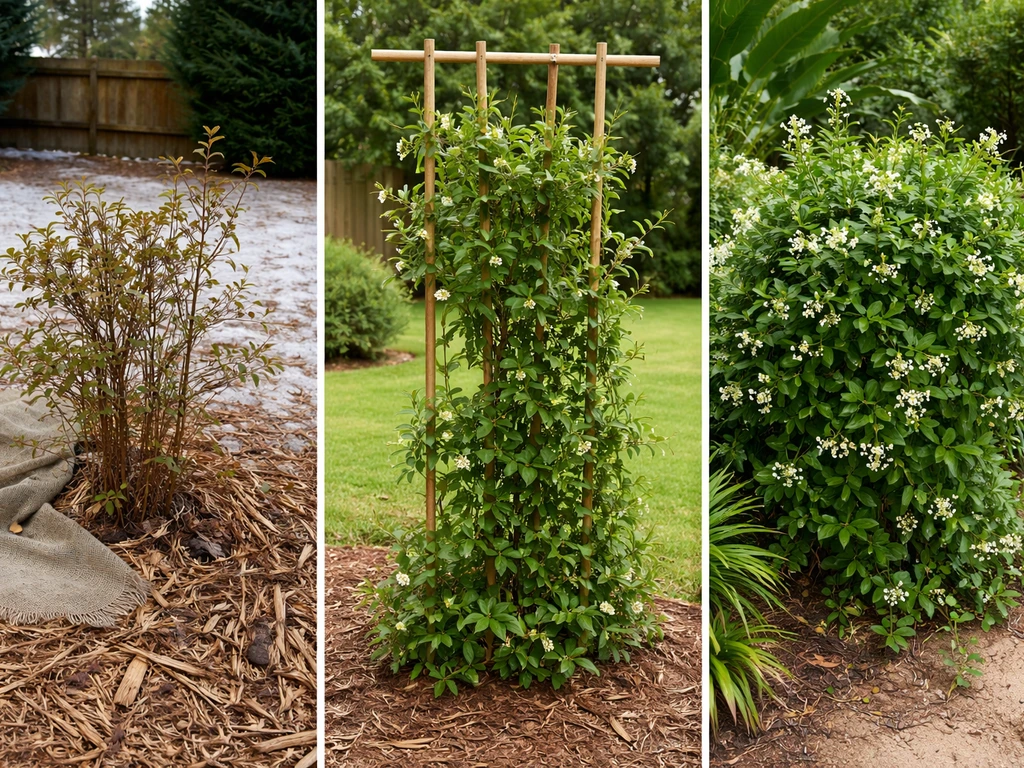 Side-by-side photos of jasmine: struggling north, thriving central, lush coastal growth.