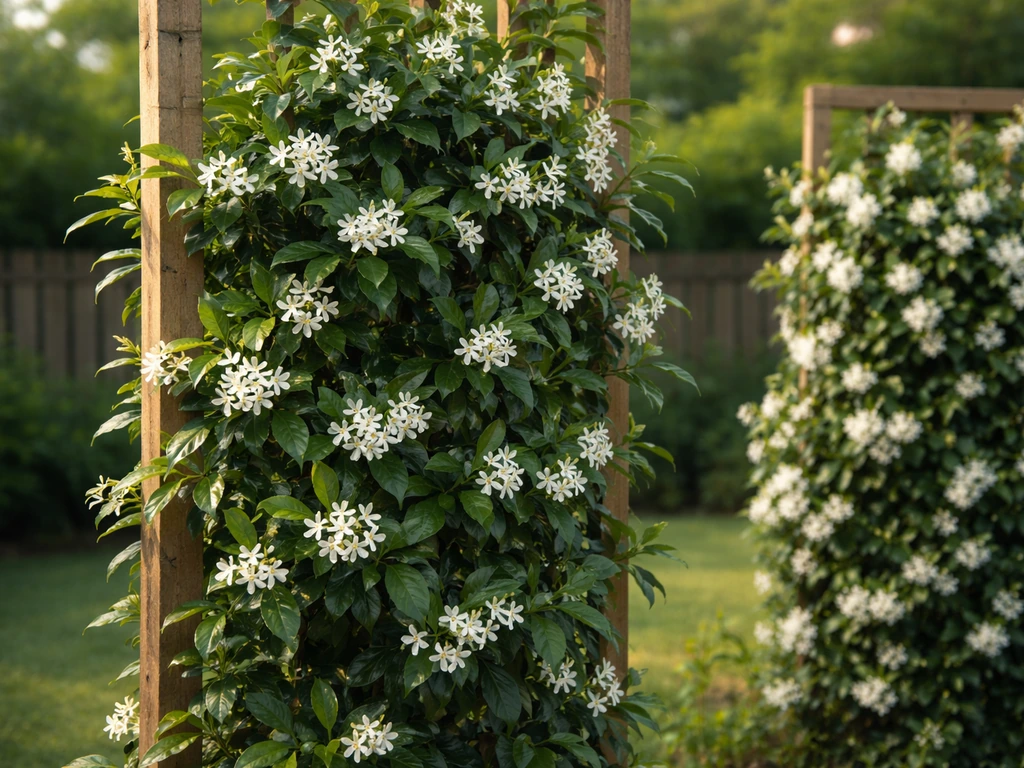 Evergreen star jasmine on a trellis with white fragrant blooms in a simple Georgia-style garden