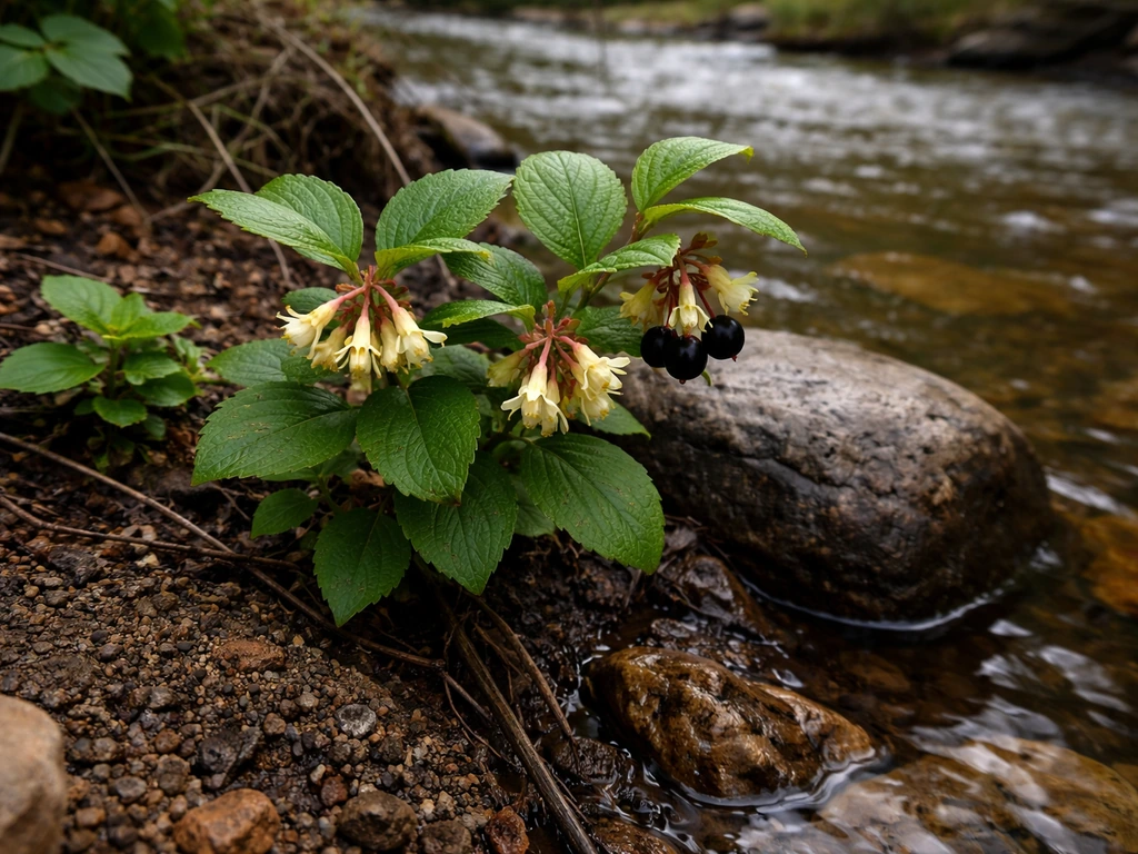 Close-up of a native Colorado honeysuckle growing along a shallow stream edge with wet stones and soft water blur.
