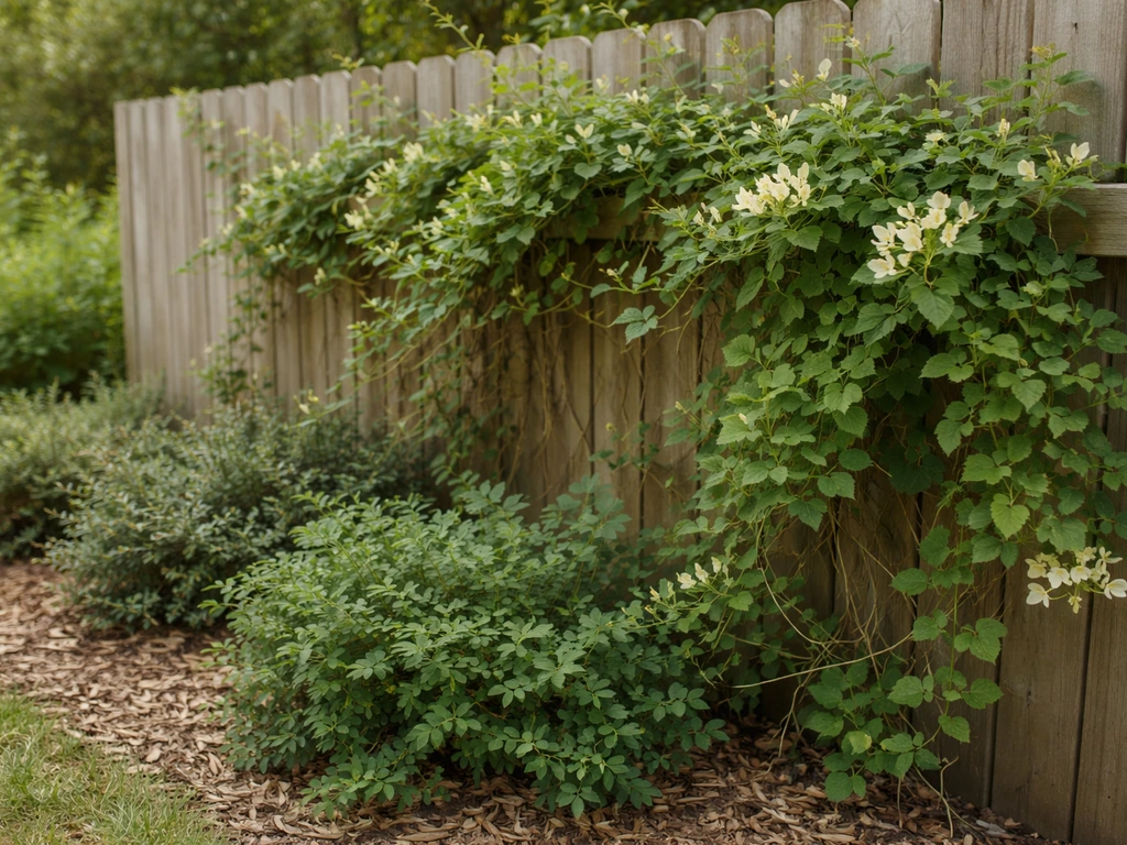 Japanese honeysuckle vines overtaking a fence and native plants in a Colorado-style yard