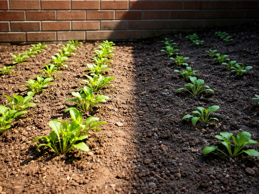South-facing brick wall casts warm light over seedlings while a shaded north slope stays cool.