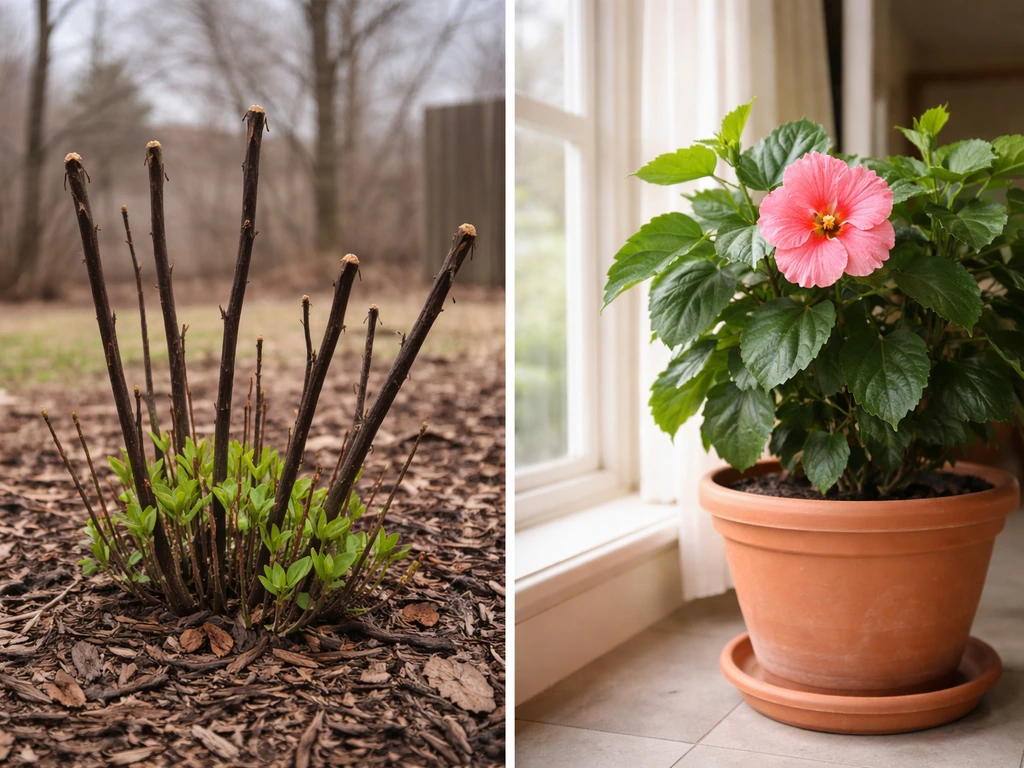 Hardy hibiscus regrowing after winter dieback in a Missouri yard, with a tropical hibiscus in an overwintering pot.