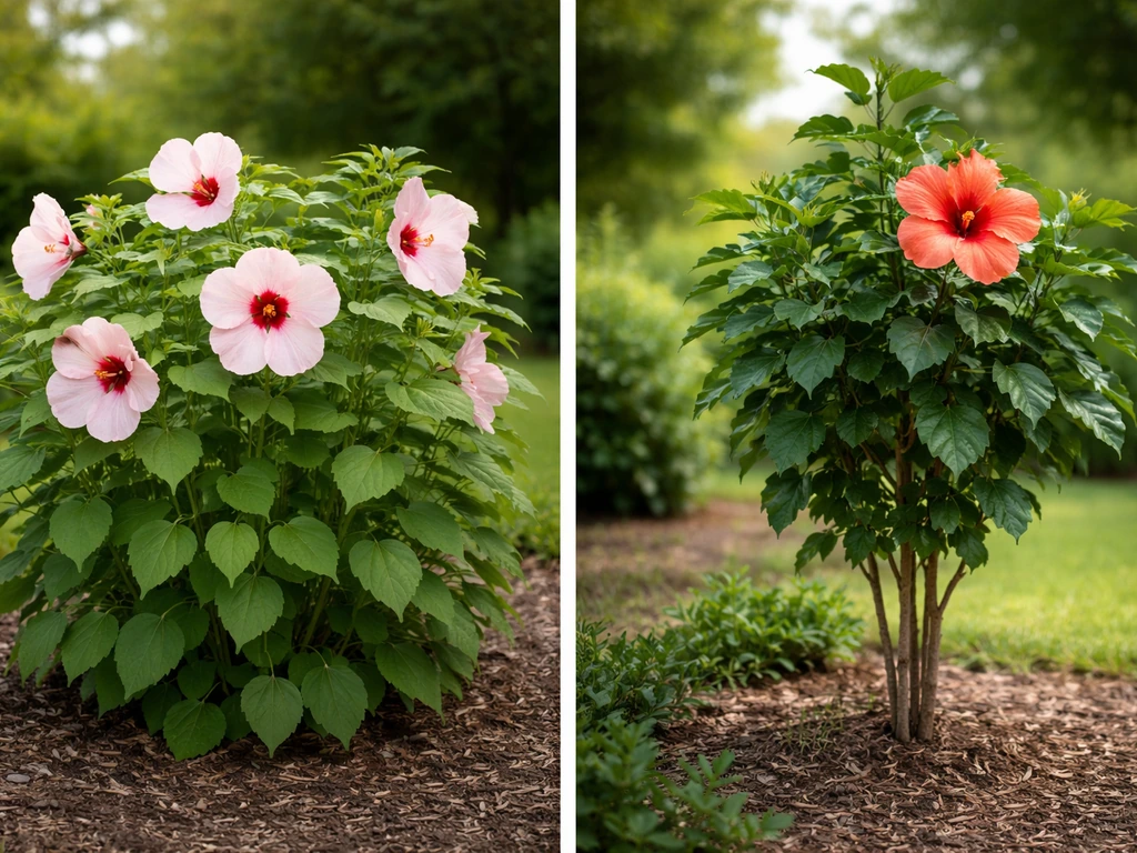Side-by-side hardy hibiscus clump and tropical hibiscus shrub showing different growth forms.