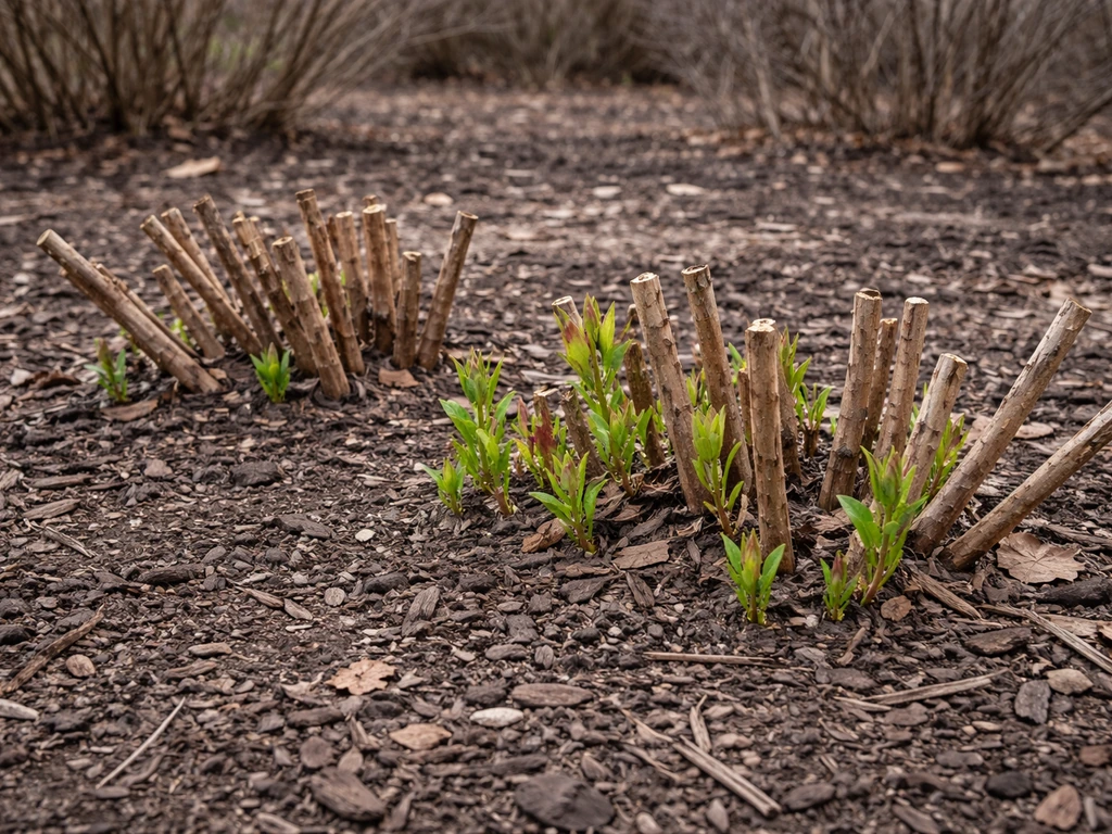 Hardy hibiscus cut back to ground with fresh winter shoots in a simple Missouri garden.