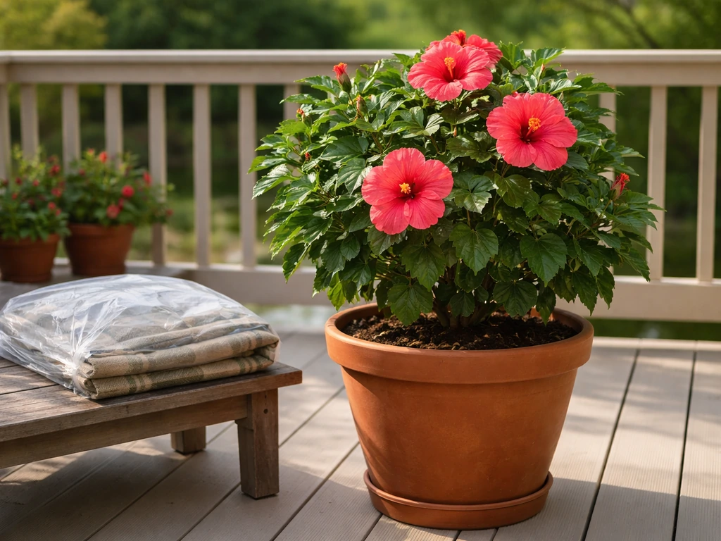 Tropical hibiscus in a large pot on a porch with warm-weather light and a nearby indoor shelter plan
