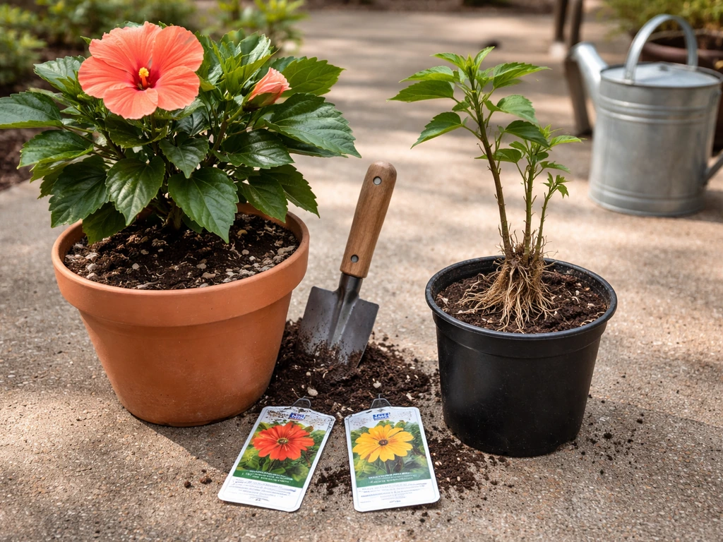 Potted hibiscus on a patio with generic plant tags and a trowel, suggesting a pre-buy planting checklist.