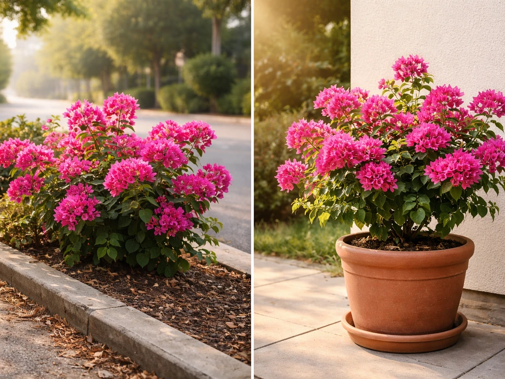 Split image: bougainvillea thriving in open ground vs in a large patio container.