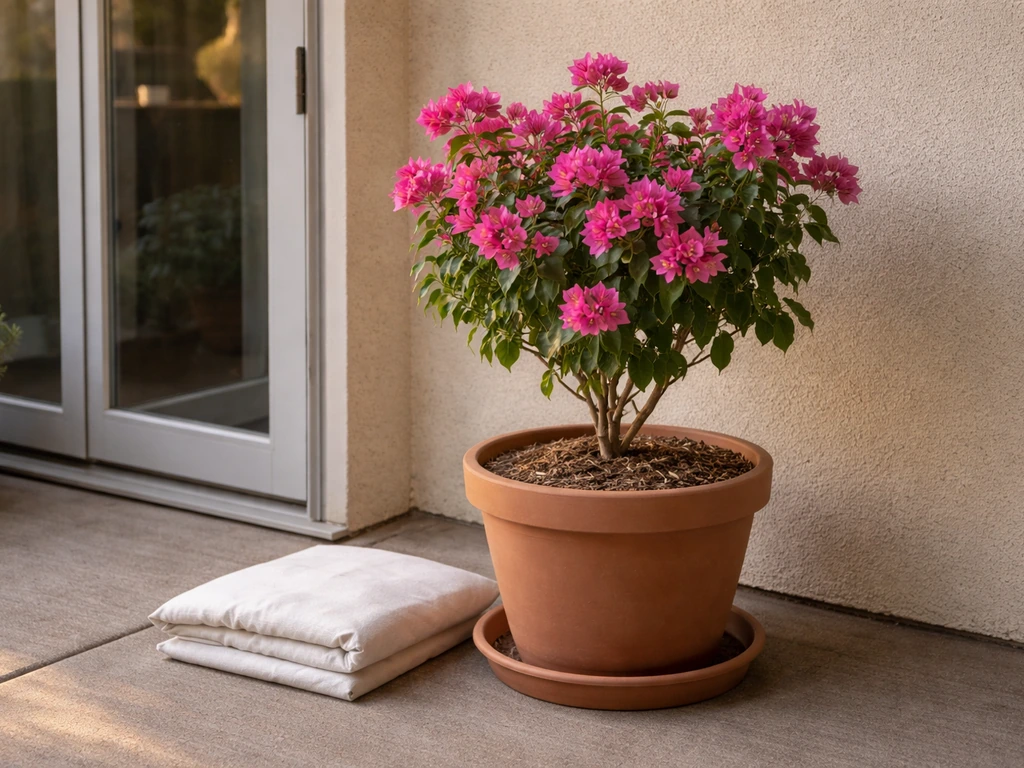 Bougainvillea in a terracotta container on a patio with frost cloth and mulch nearby, ready to move indoors.