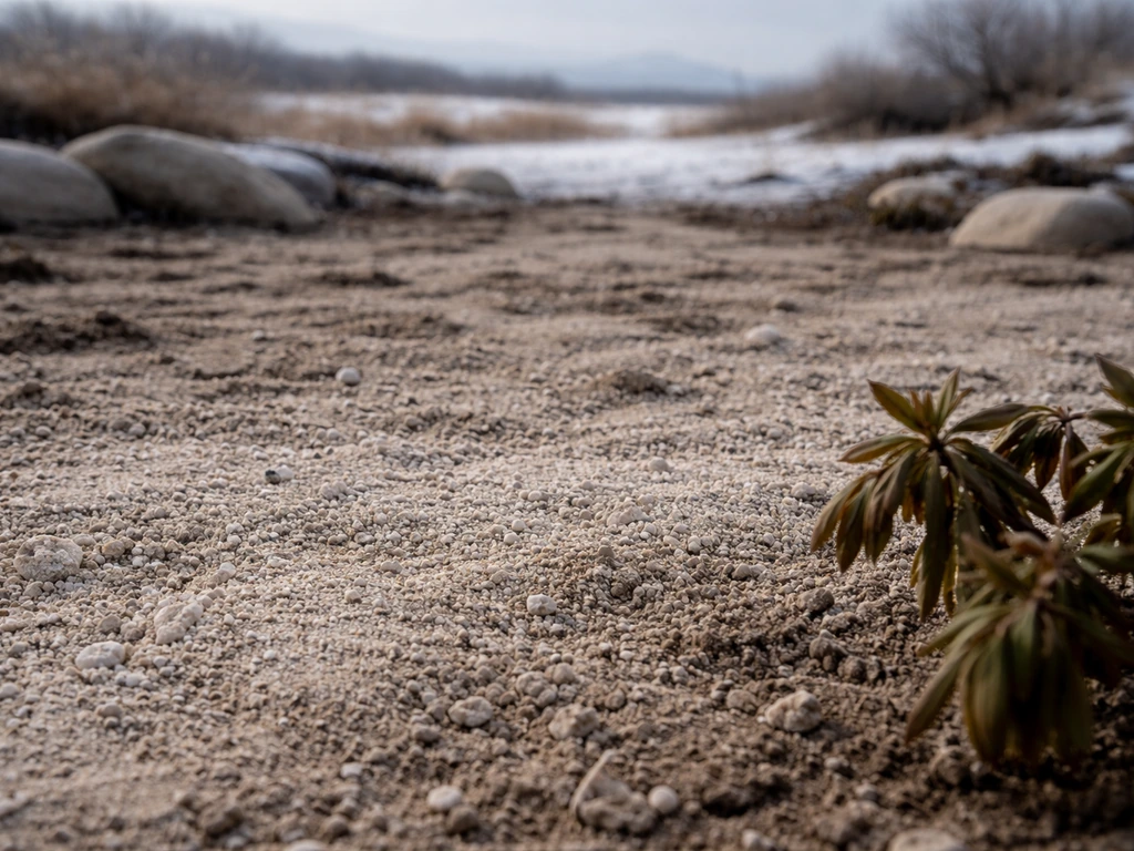 Alkaline-looking soil texture in foreground with frosty landscape and dry, cracked ground behind