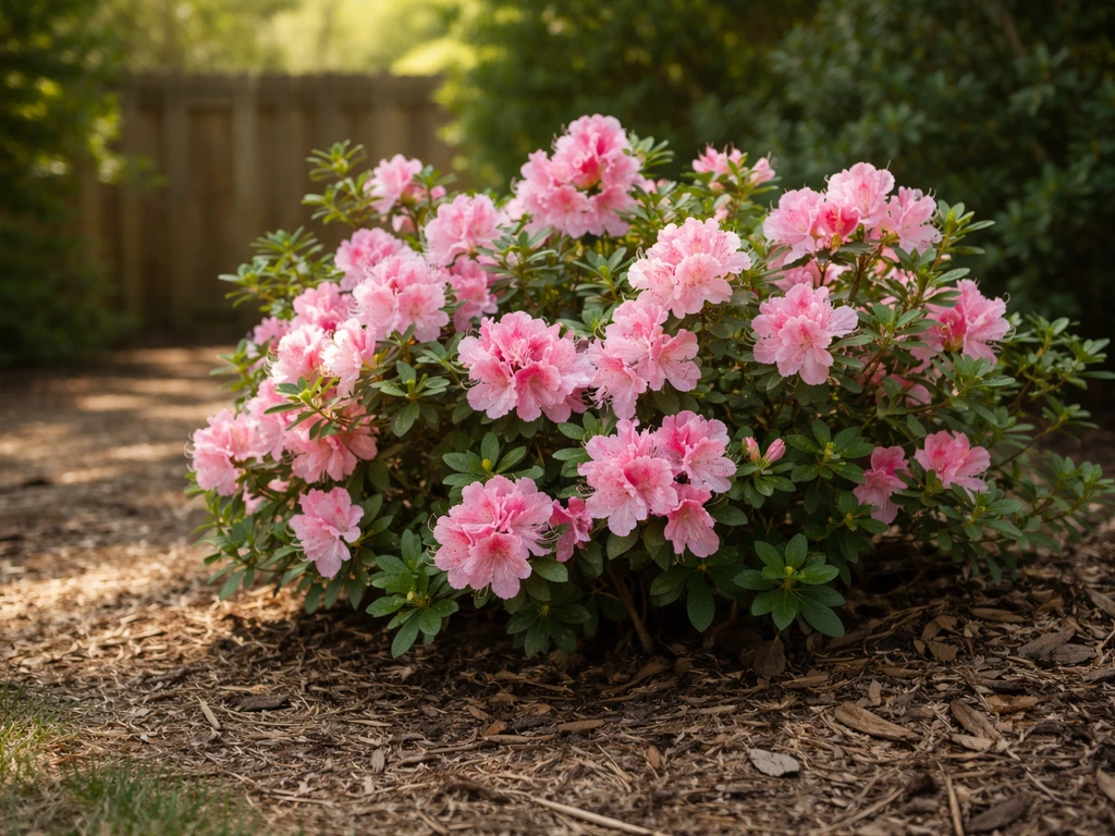 Close-up of an azalea blooming in dappled light beside a wind-protecting garden fence.