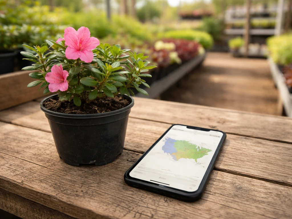 Smartphone on a potting bench showing a generic hardiness-zone finder next to an azalea in a Utah garden center.