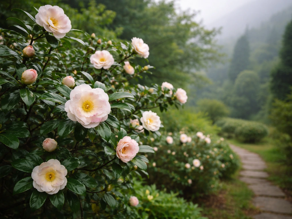 Camellia shrub in bloom in an Indian hill-station garden with cool-climate greenery