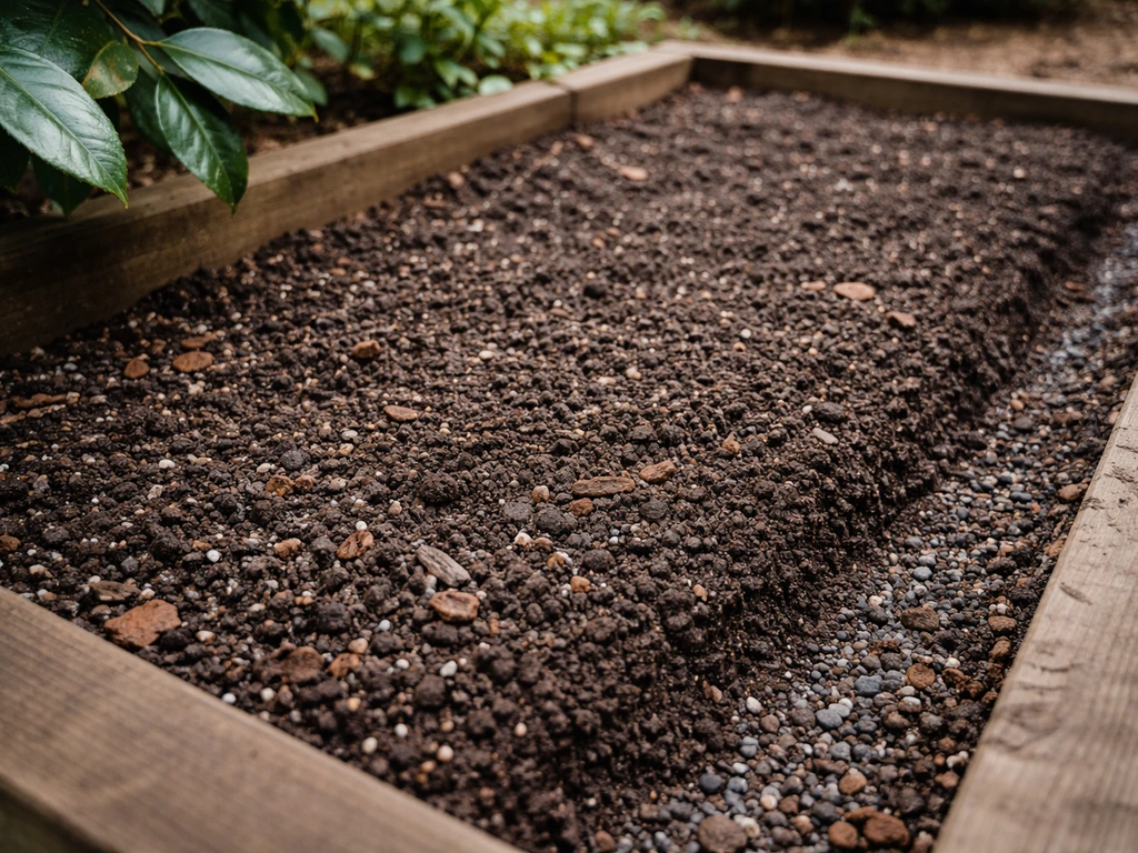 Camellia raised planting bed showing acidic, well-draining mix with bark and perlite, no standing water.
