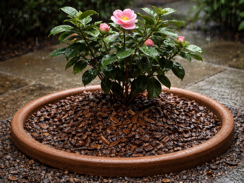 Mulched camellia in monsoon rain with raised crown to prevent soggy soil and puddling at the base.