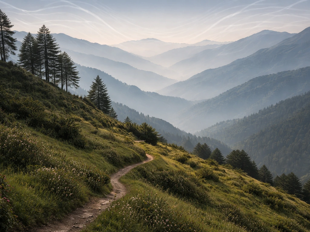 Moody view of Himalayan foothills with misty hill vegetation suggesting higher planting zones.
